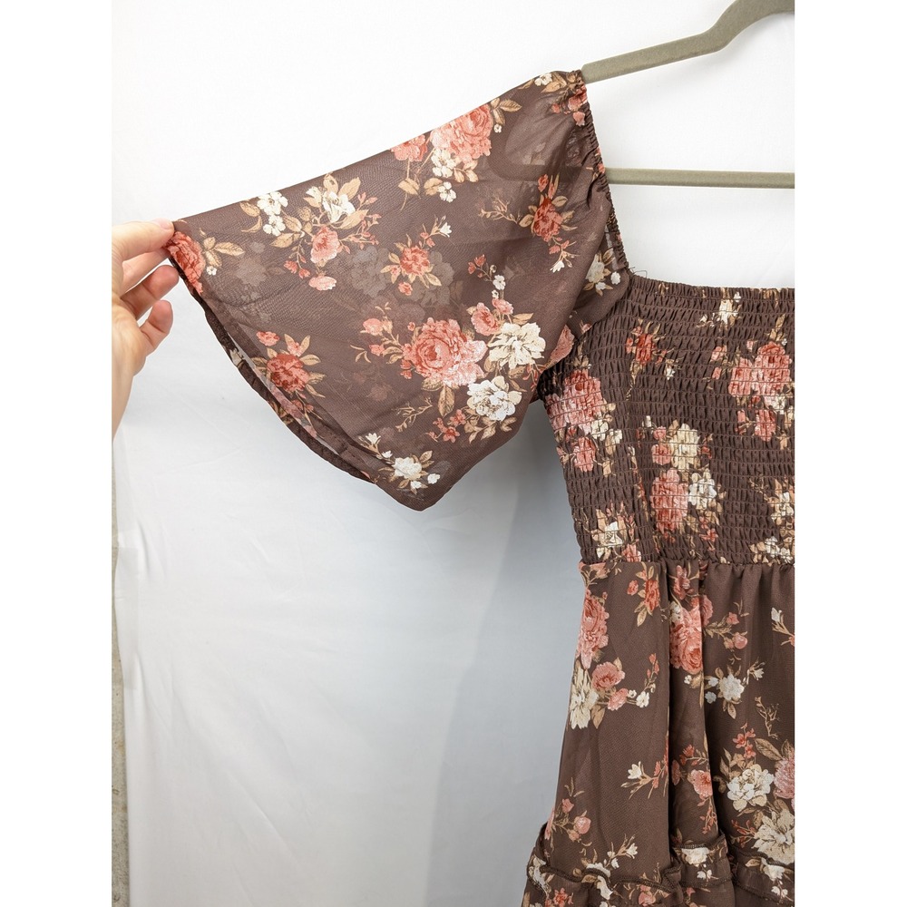 Floral Tiered Smocked Mini Dress Size M Brown Pink Cottagecore Romantic Fairy - Picture 3 of 10